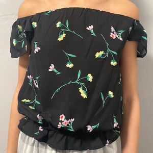 a floral print off the shoulder top.